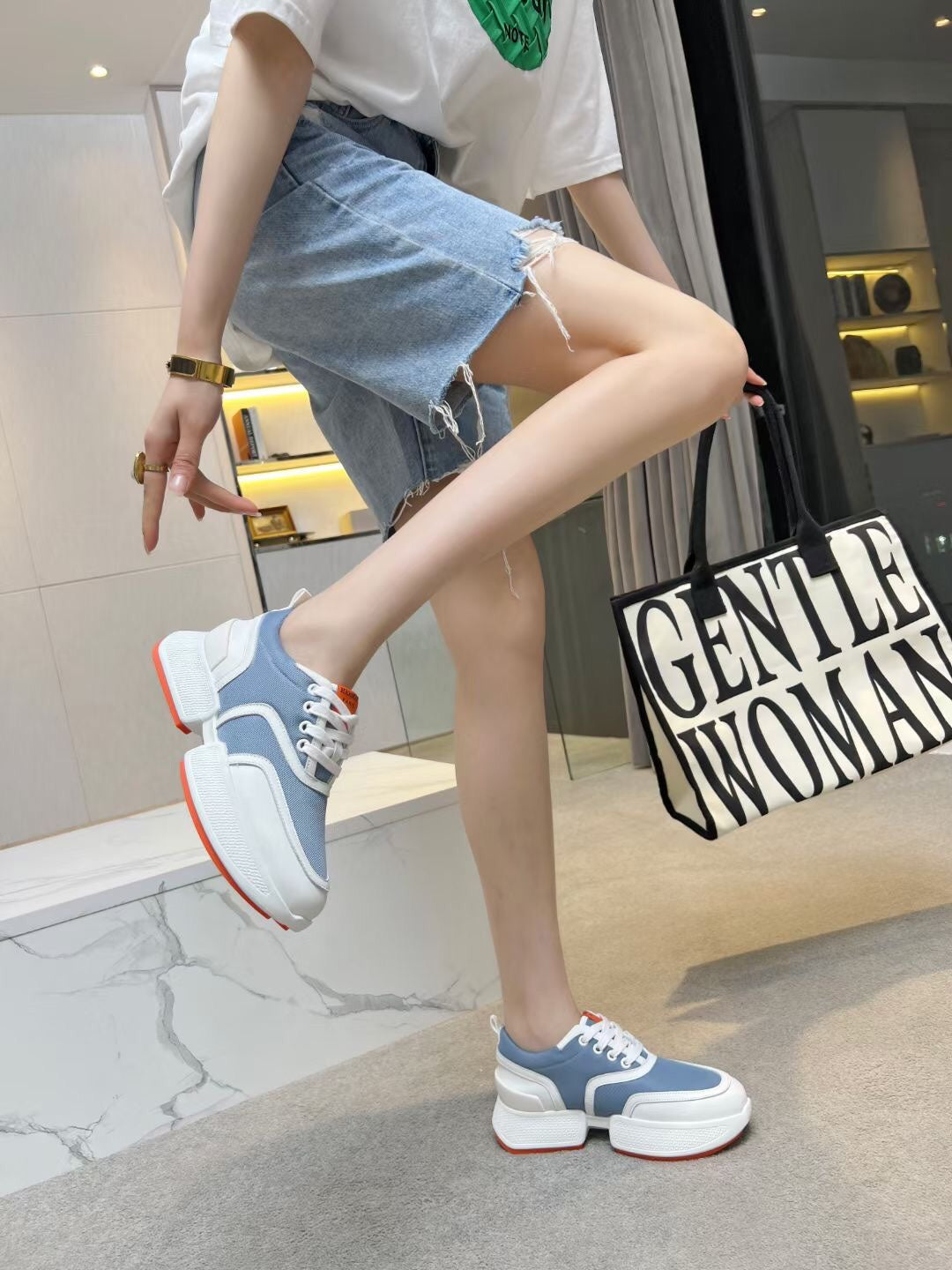 HM Giga 50 Sneaker Light Blue Canvas White Goatskin Orange