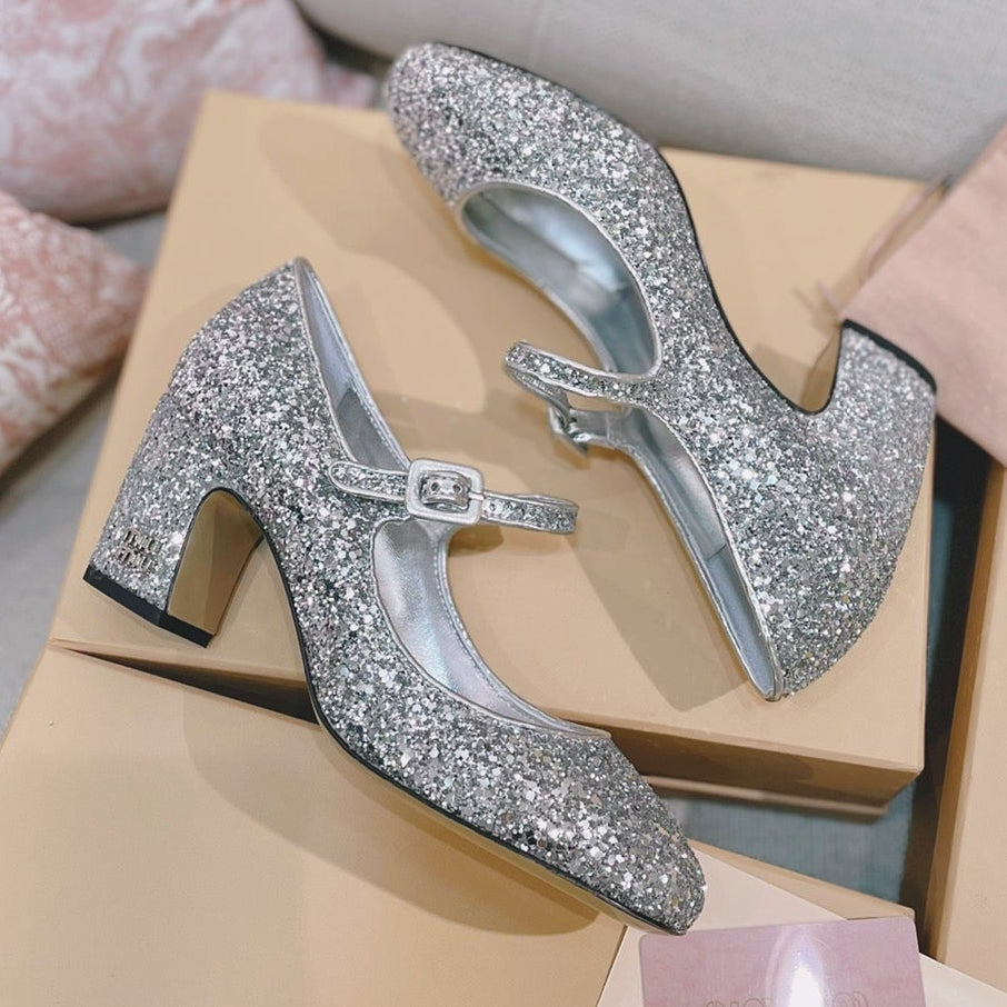 Miu Miu 2026 Round-Toe Pumps 65mm Patent Leather Glitter 155501