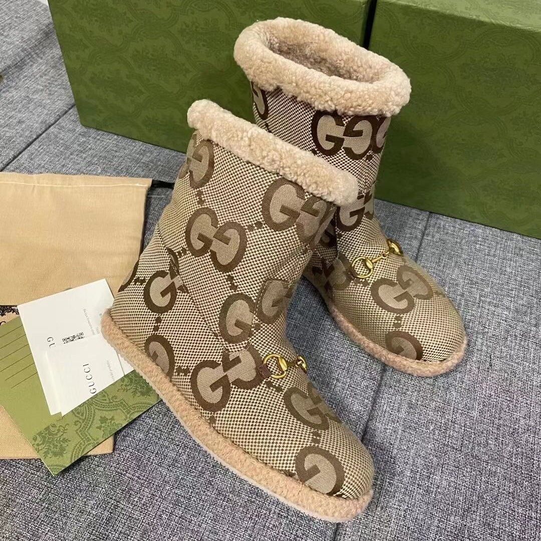 Gucci 2025 Monogram Boot Ebony Beige Canvas Wool 564788