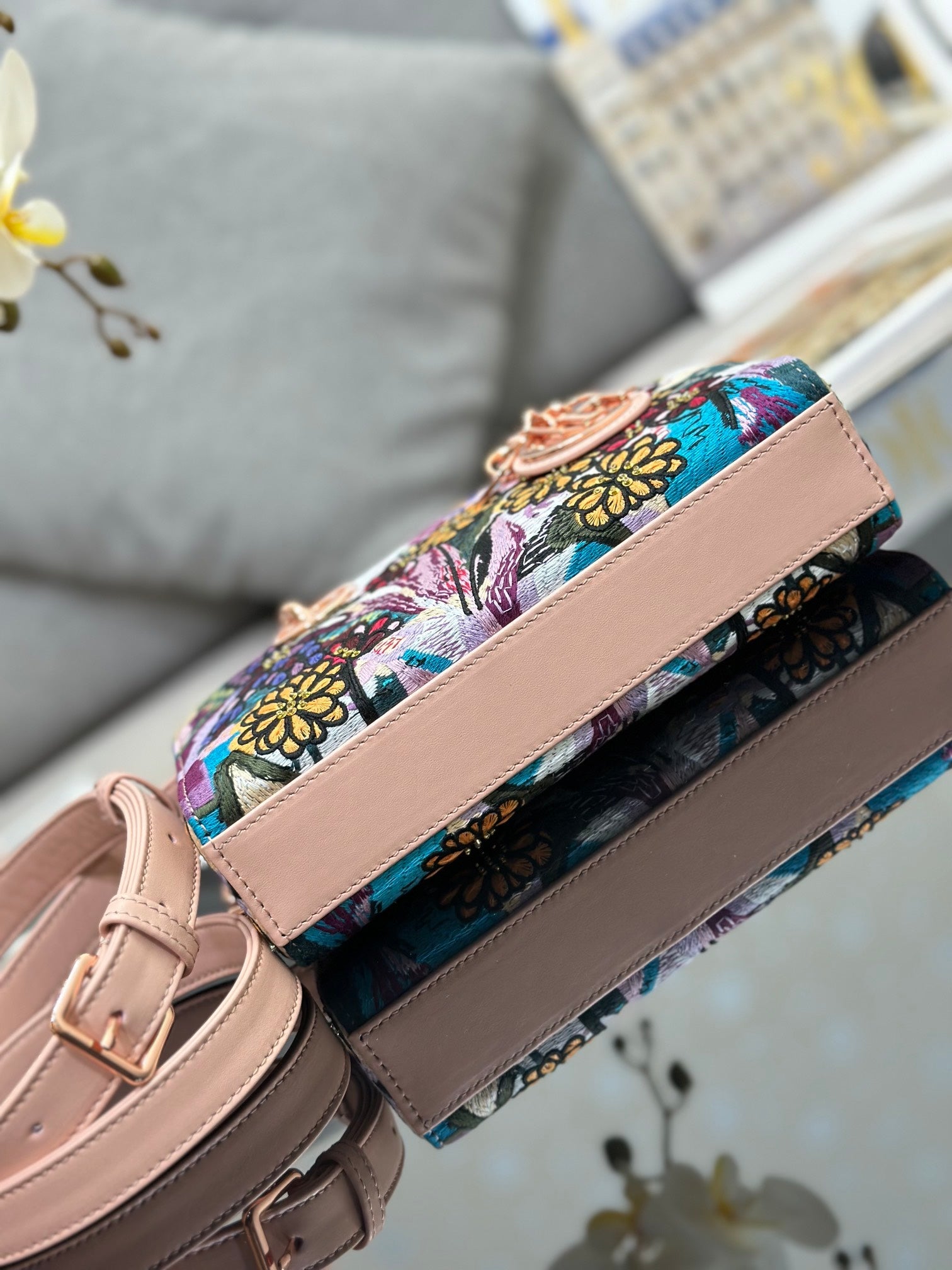 Dior 2026 Embroidered Floral Bag 22cm Pink Mix Colors Fabric Leather 158576
