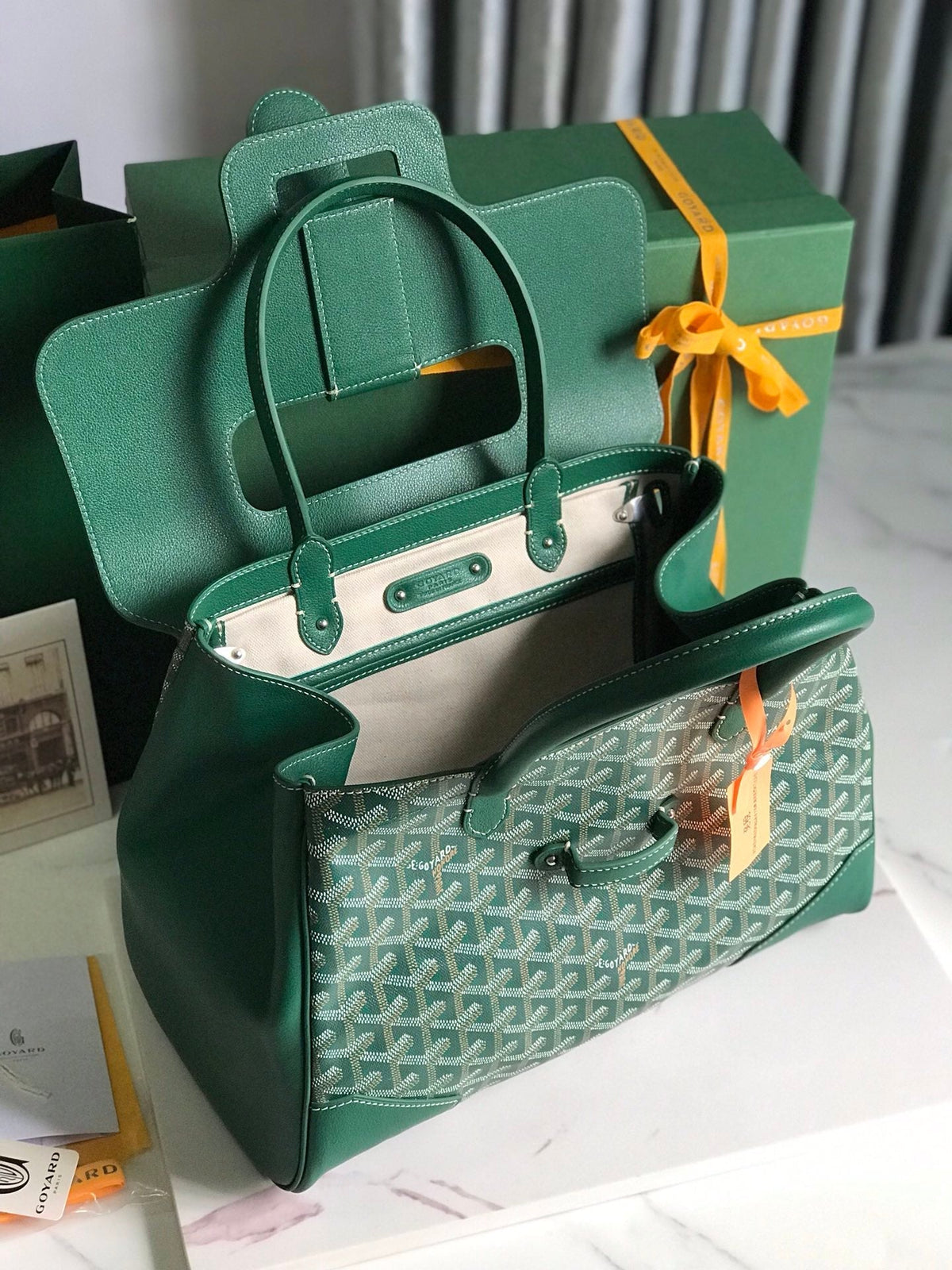SAIGON SOUPLE BAG 34 IN GREEN GOYARDINE CANVAS AND CALFSKIN