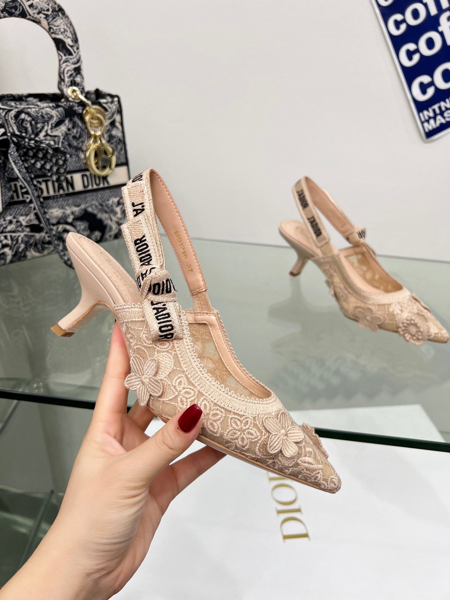 J'Adior Slingback Pump 65mm In Beige Floral Embroidered Lace Fabric 100841