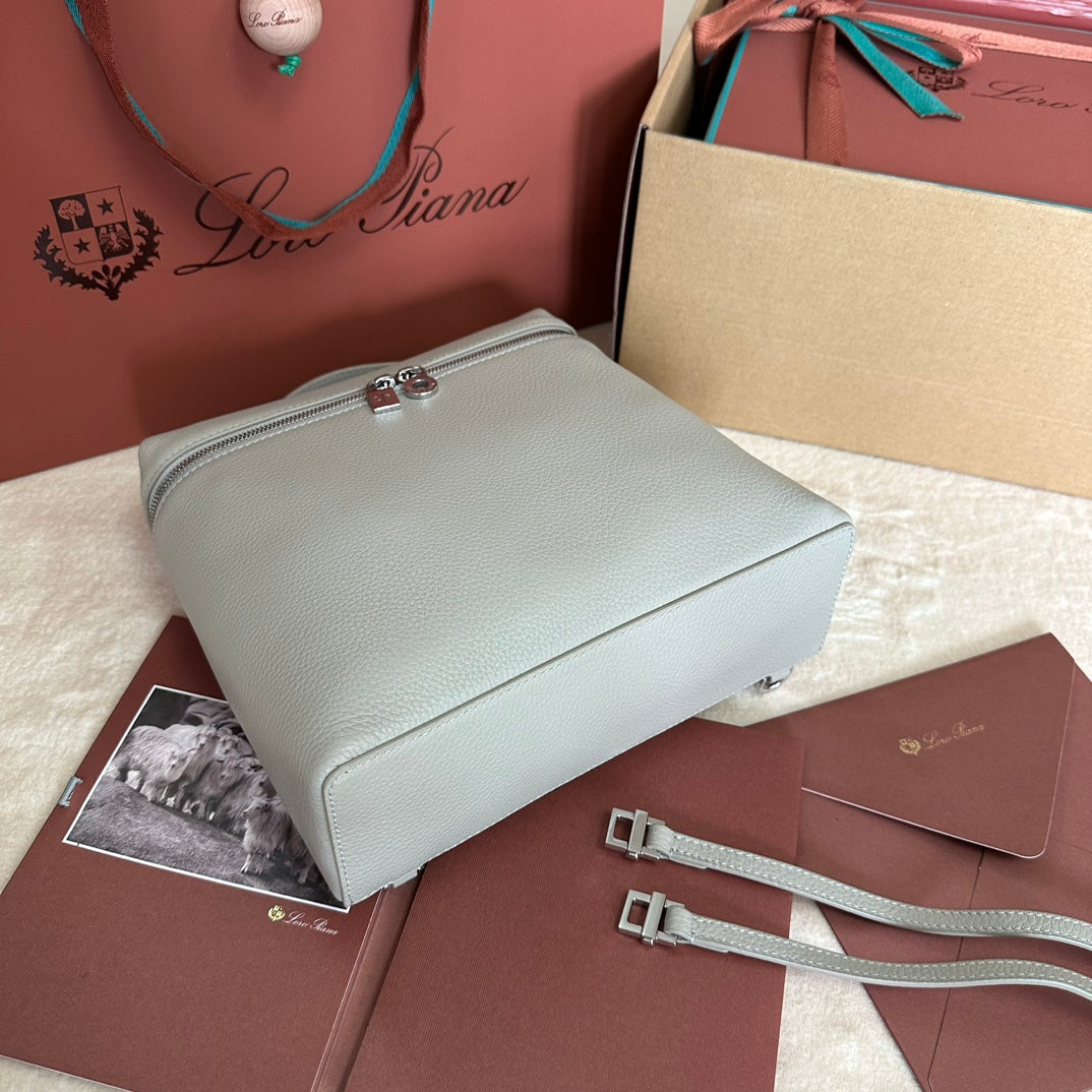 EXTRA POCKET BACKPACK L23.5 IN PEARL GRAY CALFSKIN WITH SILVER HARDWARE