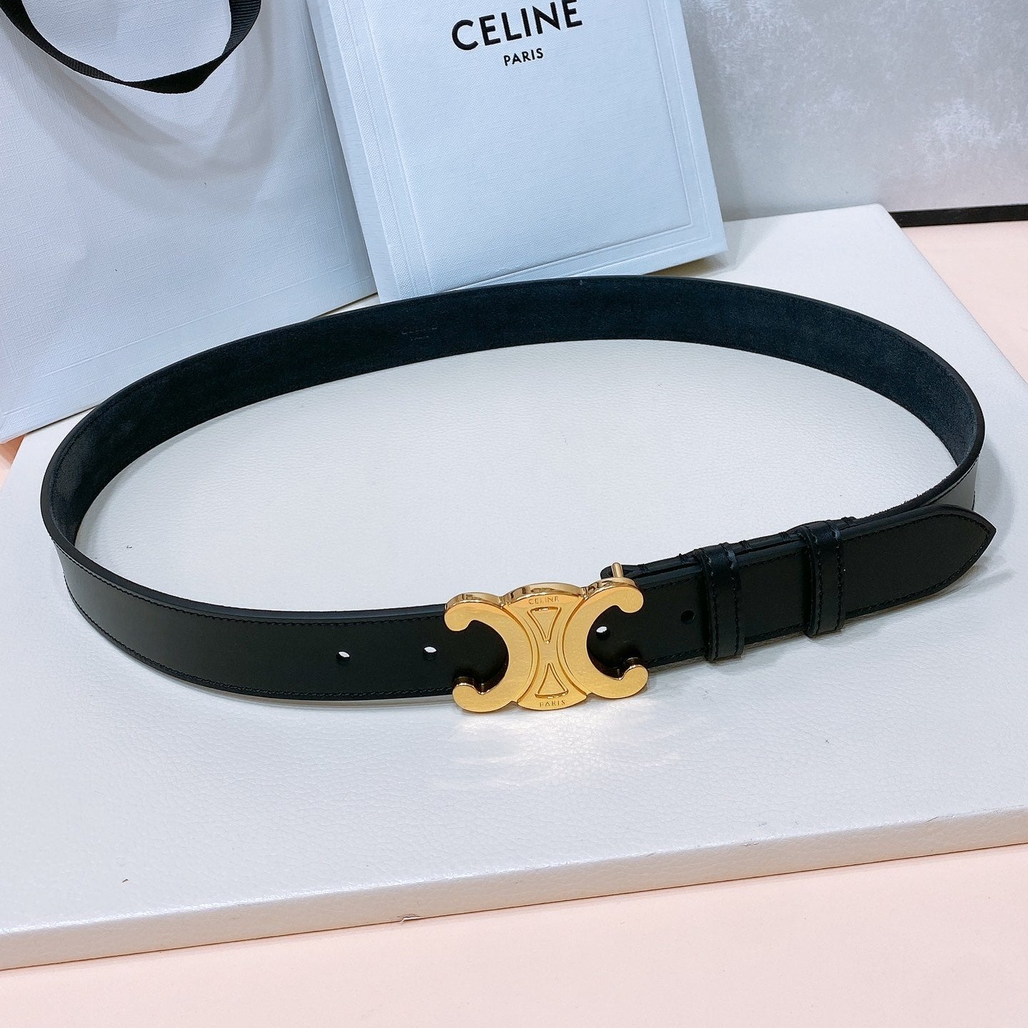 CL LARGE 30 MM TRIOMPHE BELT IN BLACK AND GOLD HARDWARE