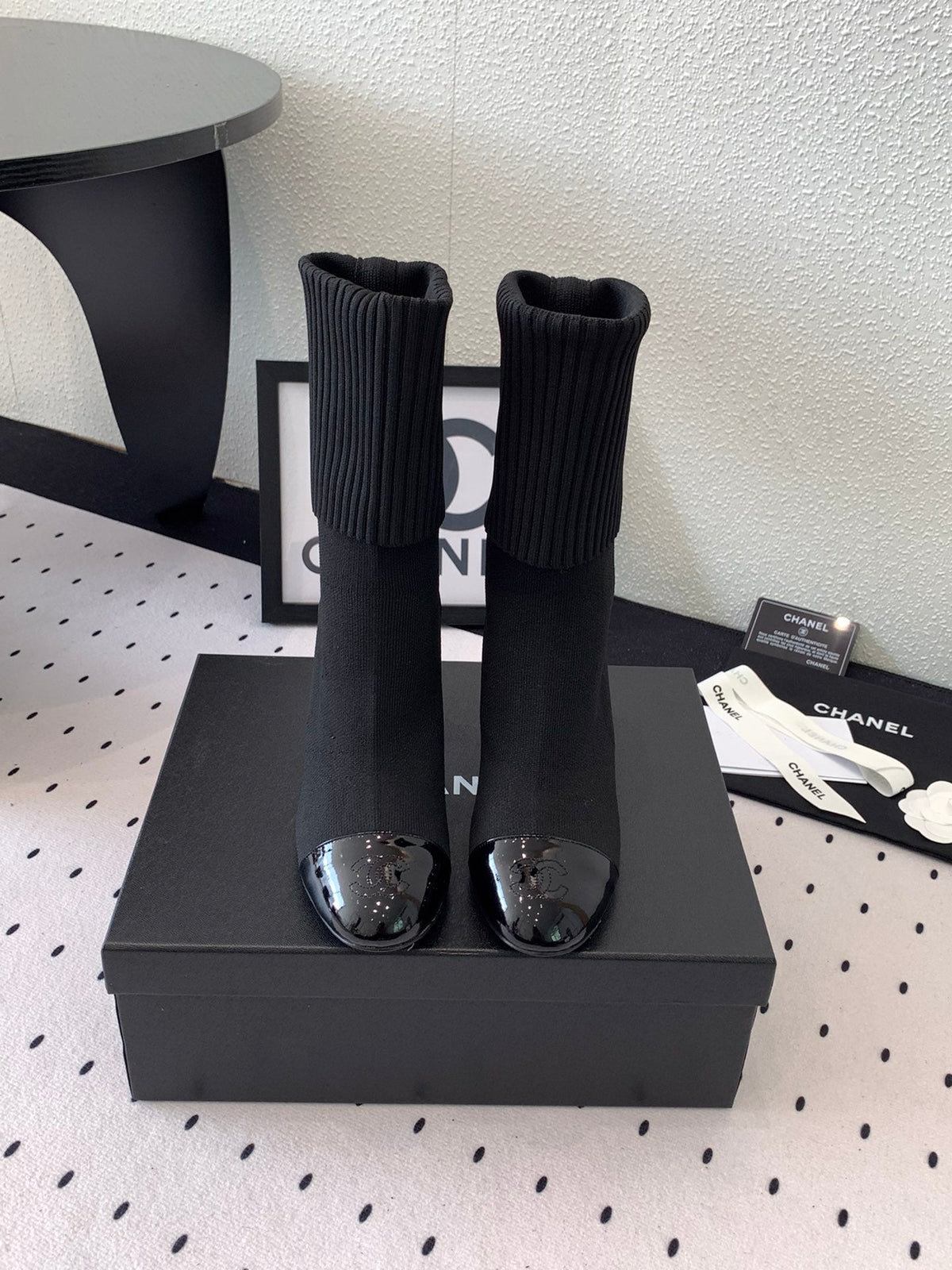 CC Short Boots 85mm Black Wool Mix Glossy Cowhide 938068