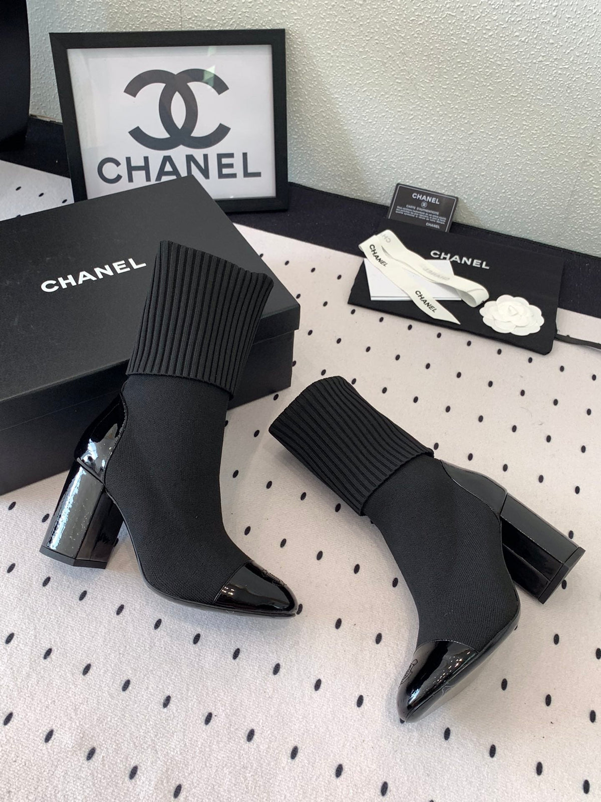 CC Short Boots 85mm Black Wool Mix Glossy Cowhide 938068
