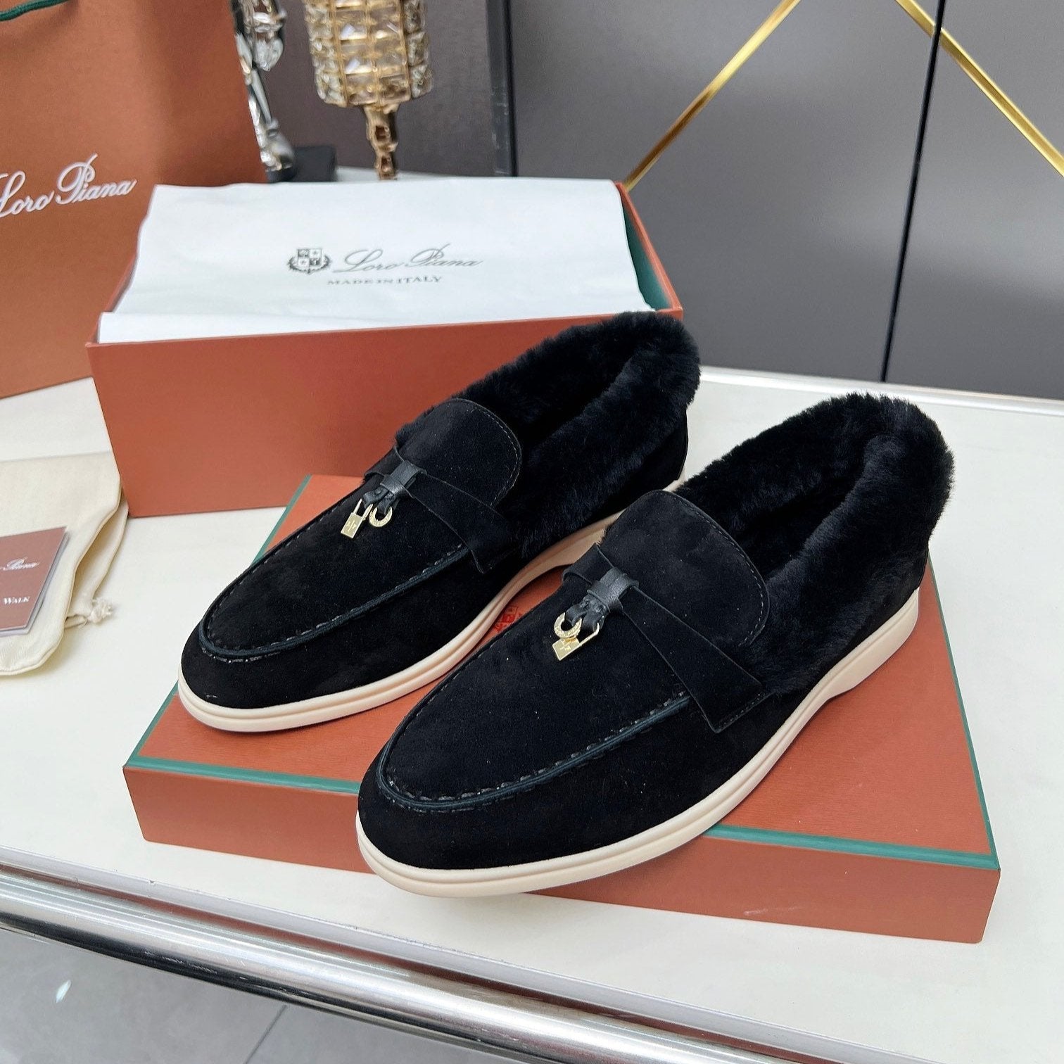 LP Summer Charm Walk Loafer Black Suede Lamb Fur