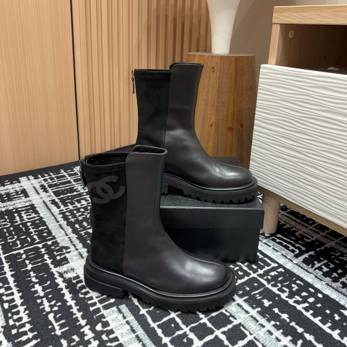 CC Short Boots 45mm Plain Black Calfskin And Suede