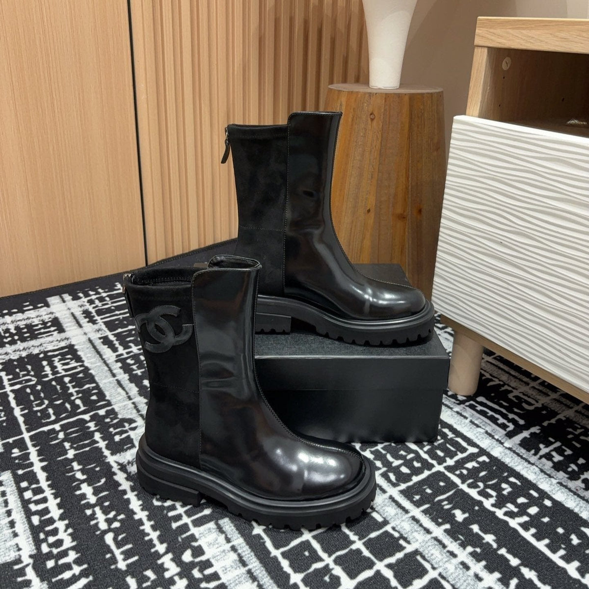 CC Short Boots 45mm Glossy Black Calfskin And Suede