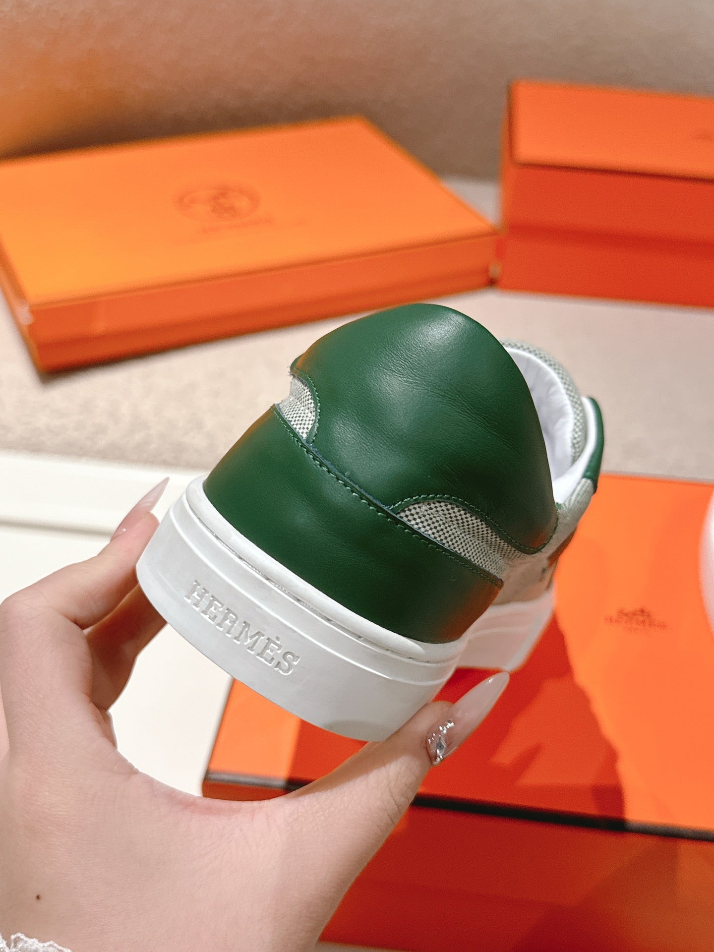 HM 25ss Kelly Buckle Sneakers Green Gray Cowhide Canvas 577492