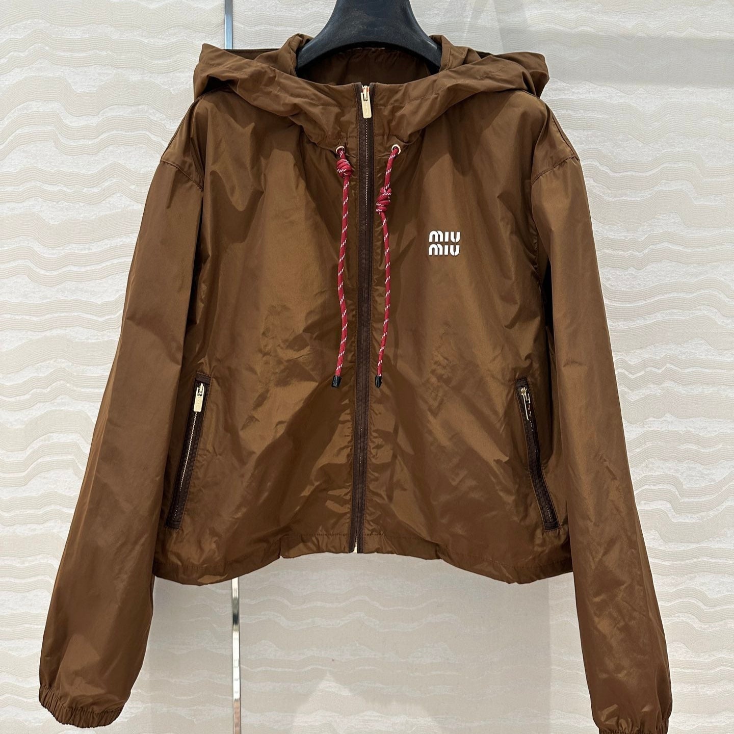 Miu Miu 25 Hooded Short Jacket Cocoa Brown Technical Fabric