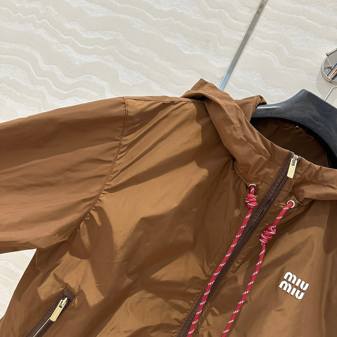 Miu Miu 25 Hooded Short Jacket Cocoa Brown Technical Fabric