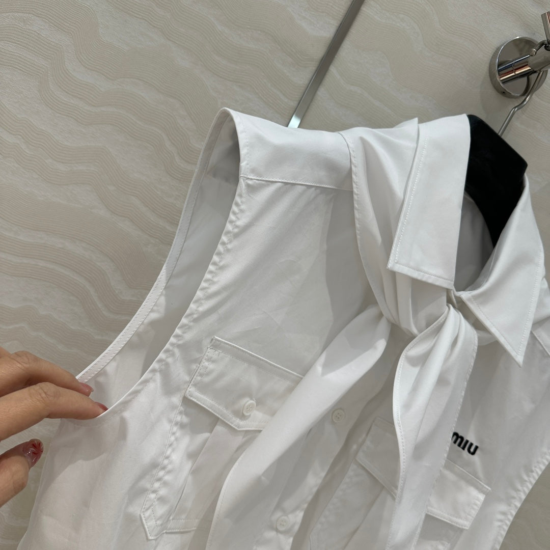 Miu Miu 25 Bow Tie Vest Shirt White Cotton