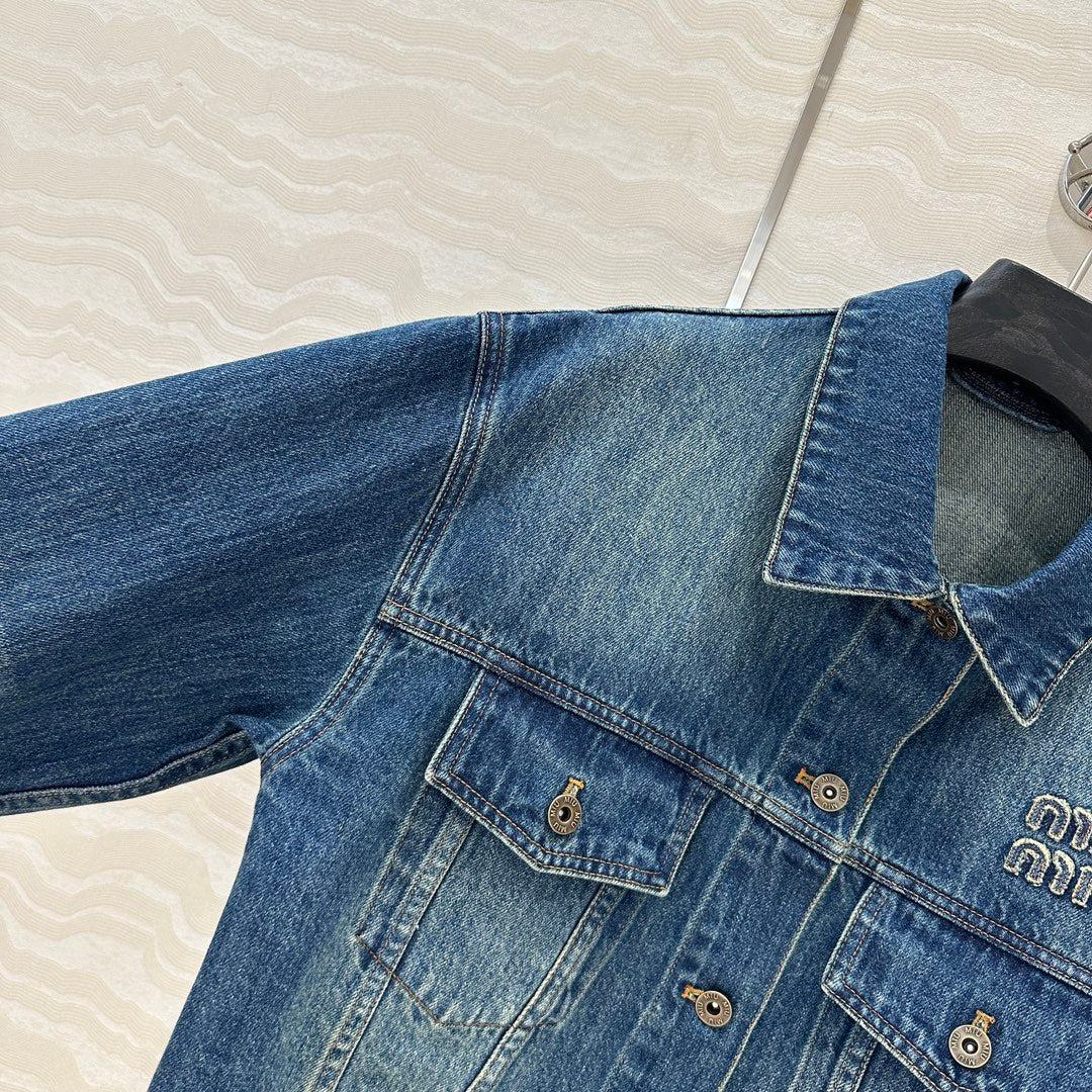 Miu Miu Plaid Denim Jacket Blue Cotton