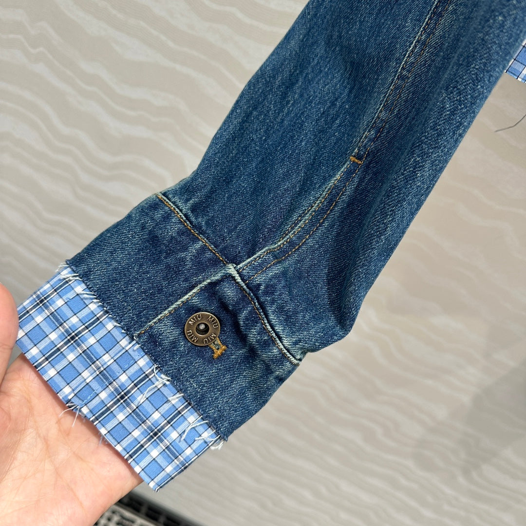 Miu Miu Plaid Denim Jacket Blue Cotton