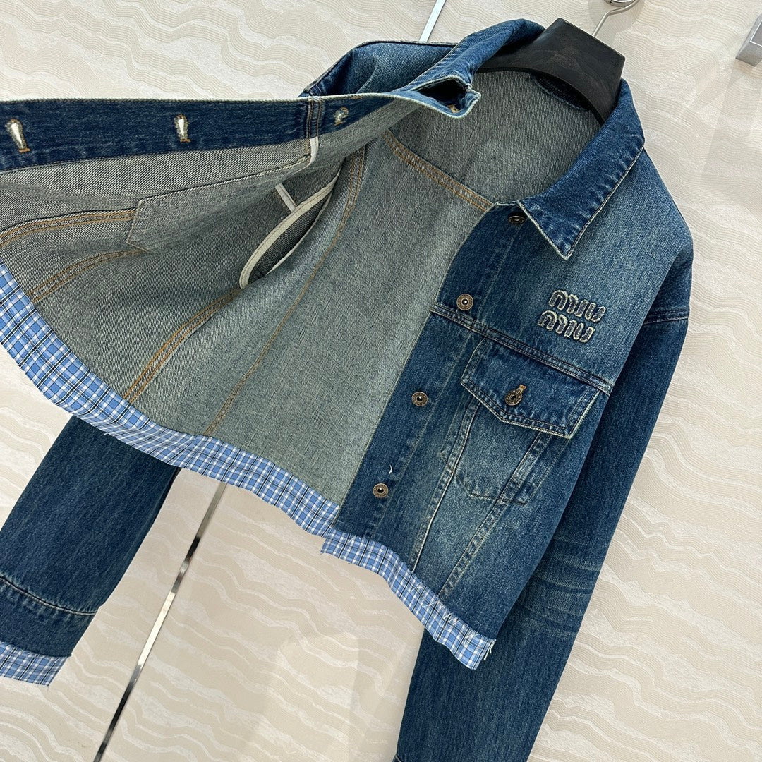 Miu Miu Plaid Denim Jacket Blue Cotton