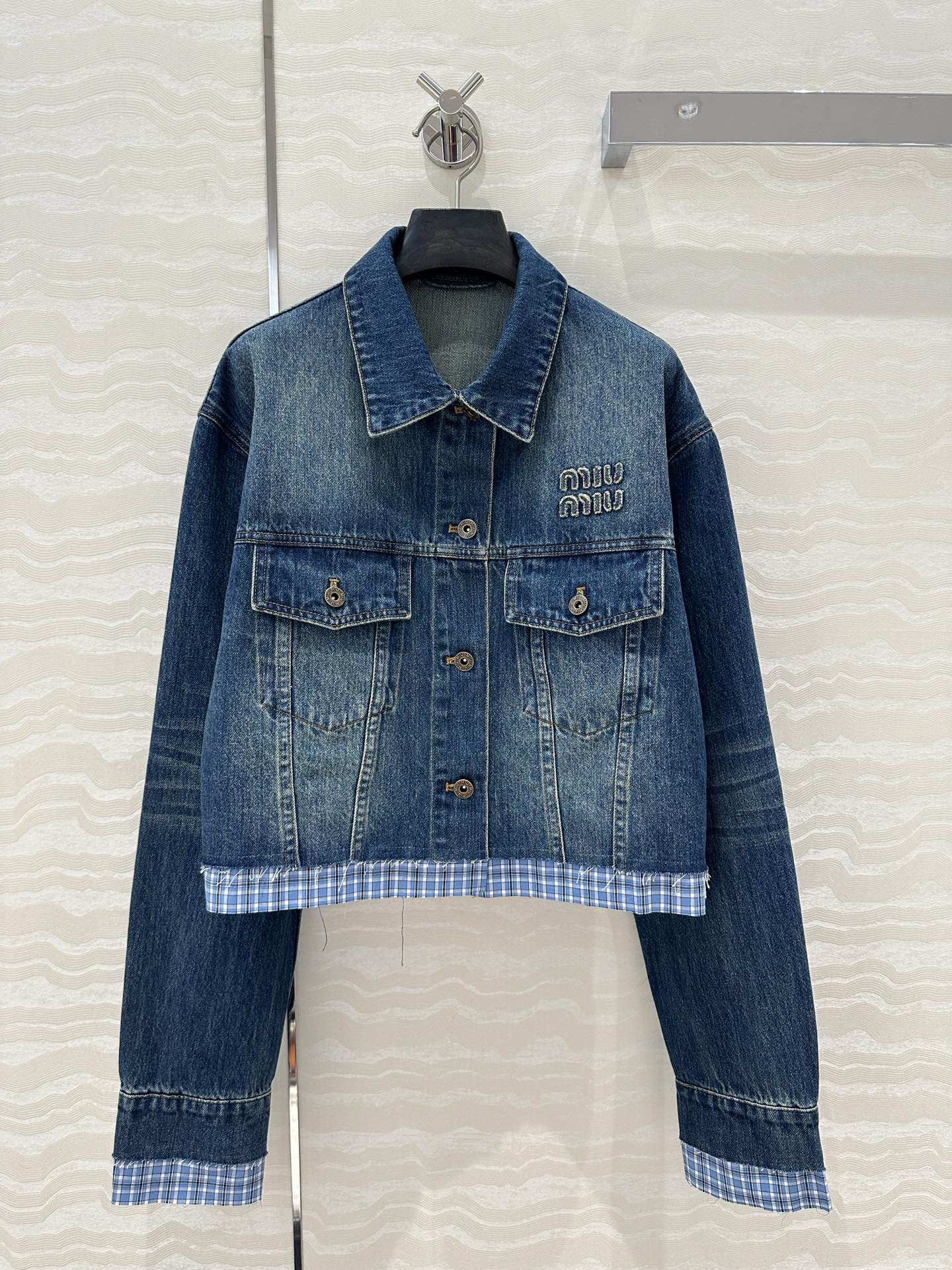 Miu Miu Plaid Denim Jacket Blue Cotton