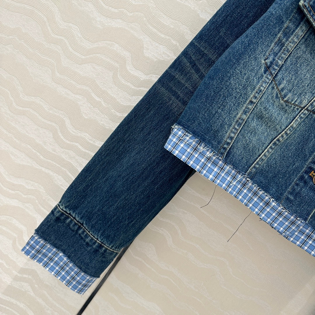Miu Miu Plaid Denim Jacket Blue Cotton