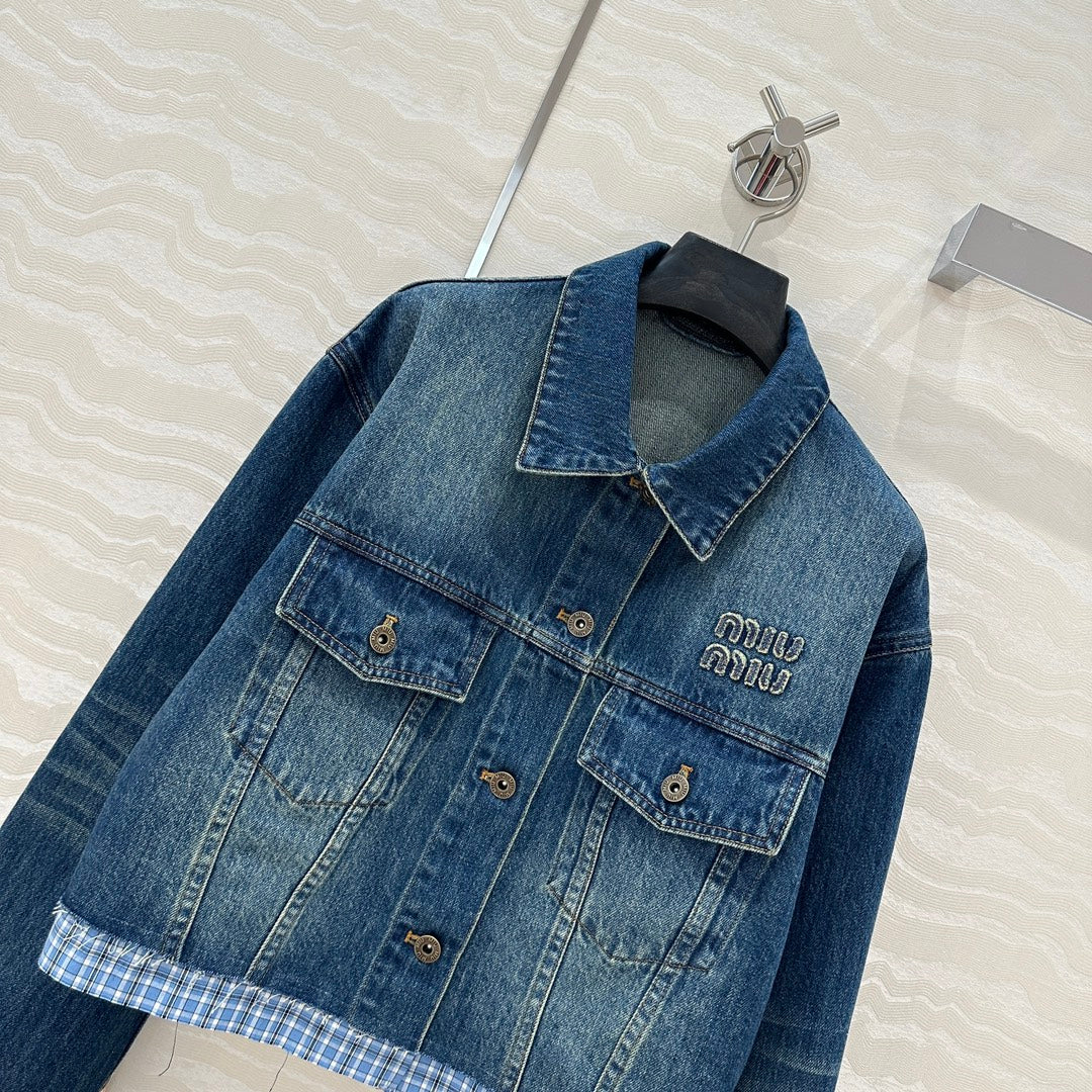 Miu Miu Plaid Denim Jacket Blue Cotton