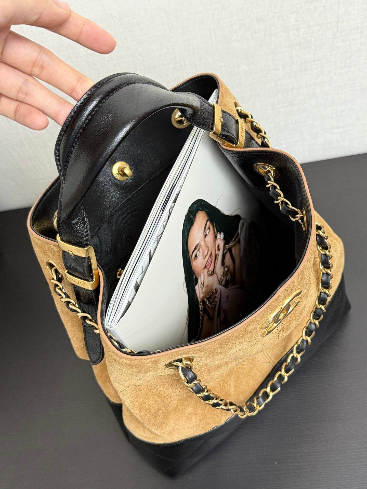 CC 25A Tote 28cm Brown Suede Black Calfskin