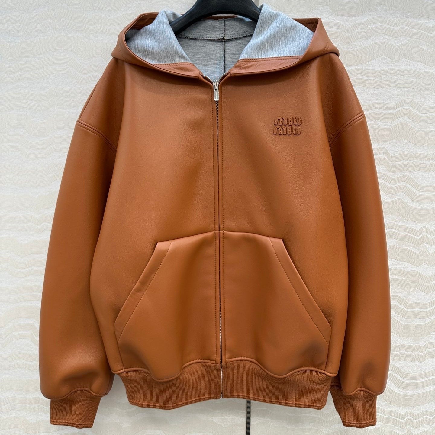 Miu Miu 25 Hooded Leather Jacket Orange Brown