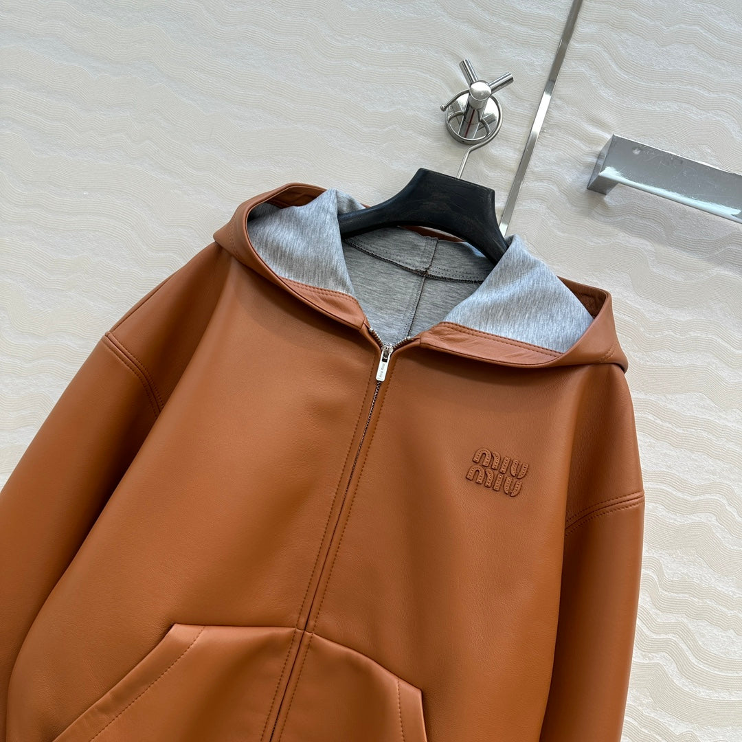 Miu Miu 25 Hooded Leather Jacket Orange Brown