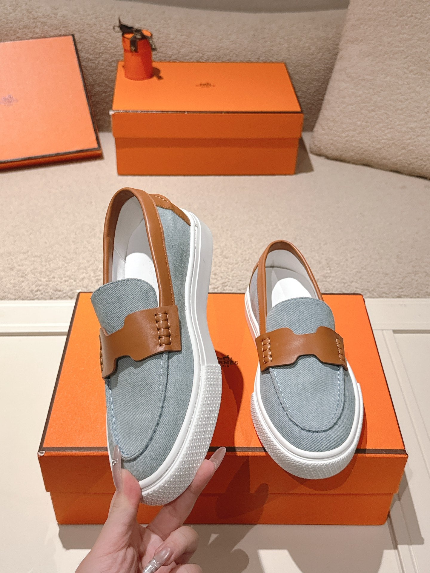 HM 25ss Platform Loafers Light Blue Brown Denim Sheepskin 577170