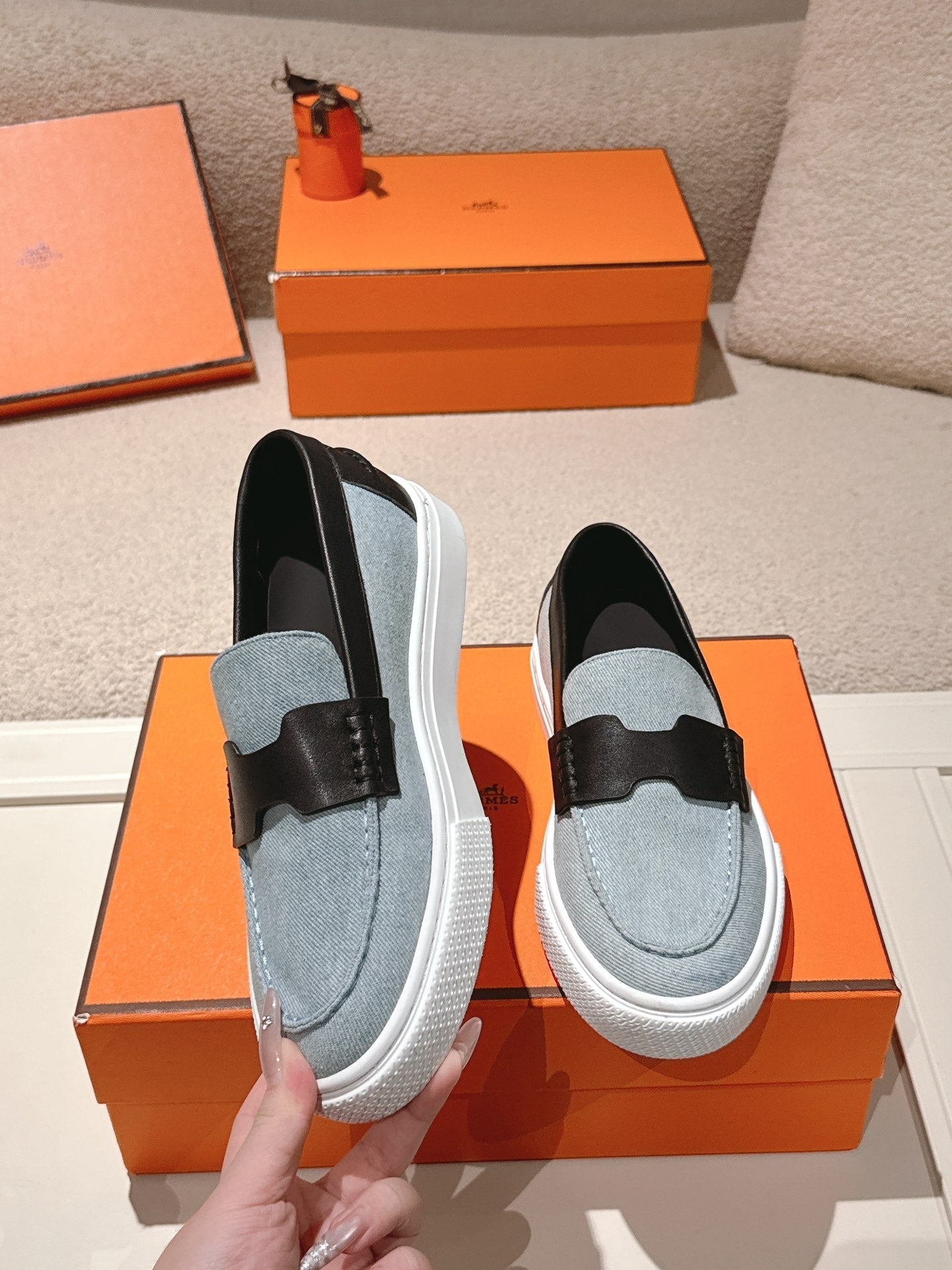 HM 25ss Platform Loafers Light Blue Black Denim Sheepskin 577168