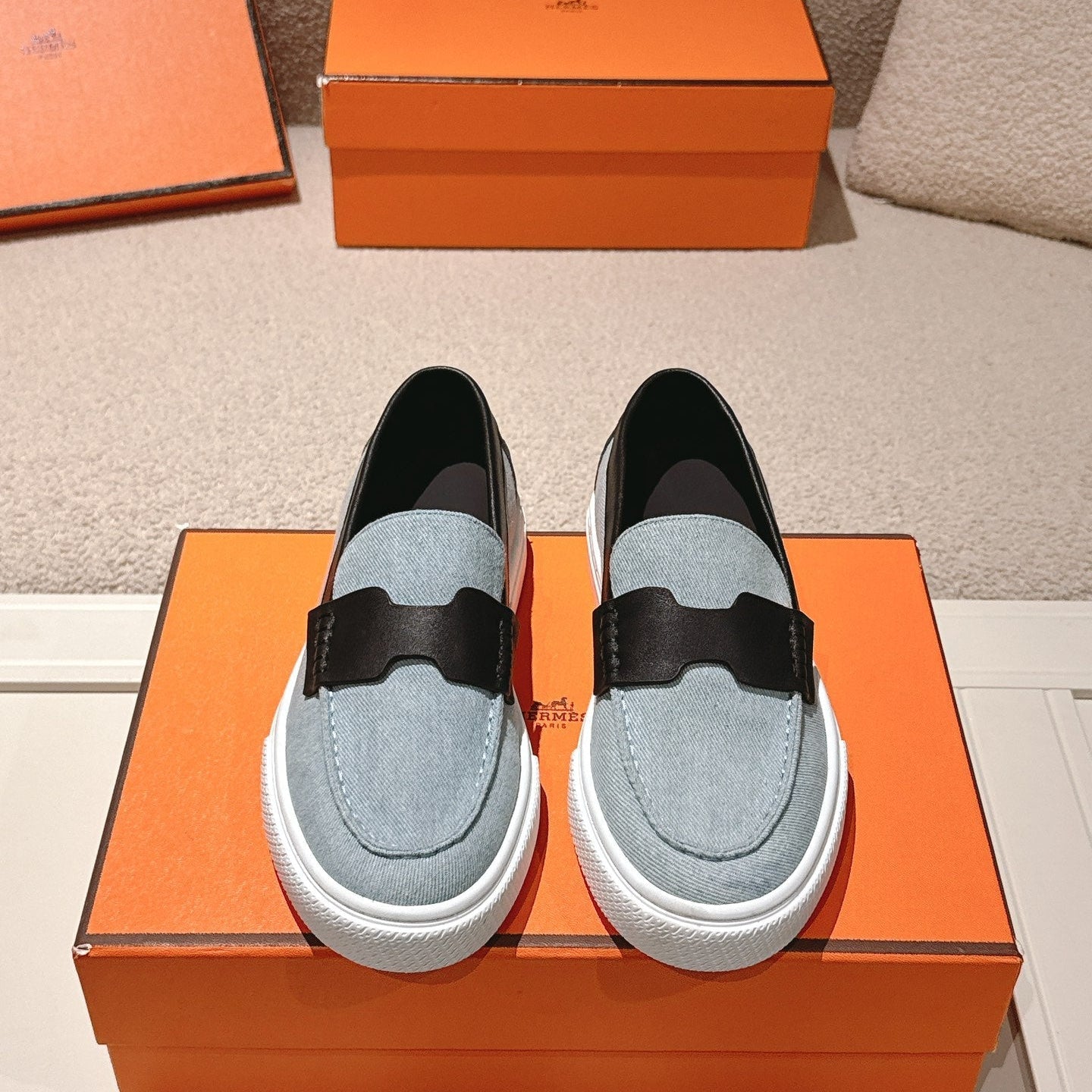 HM 25ss Platform Loafers Light Blue Black Denim Sheepskin 577168