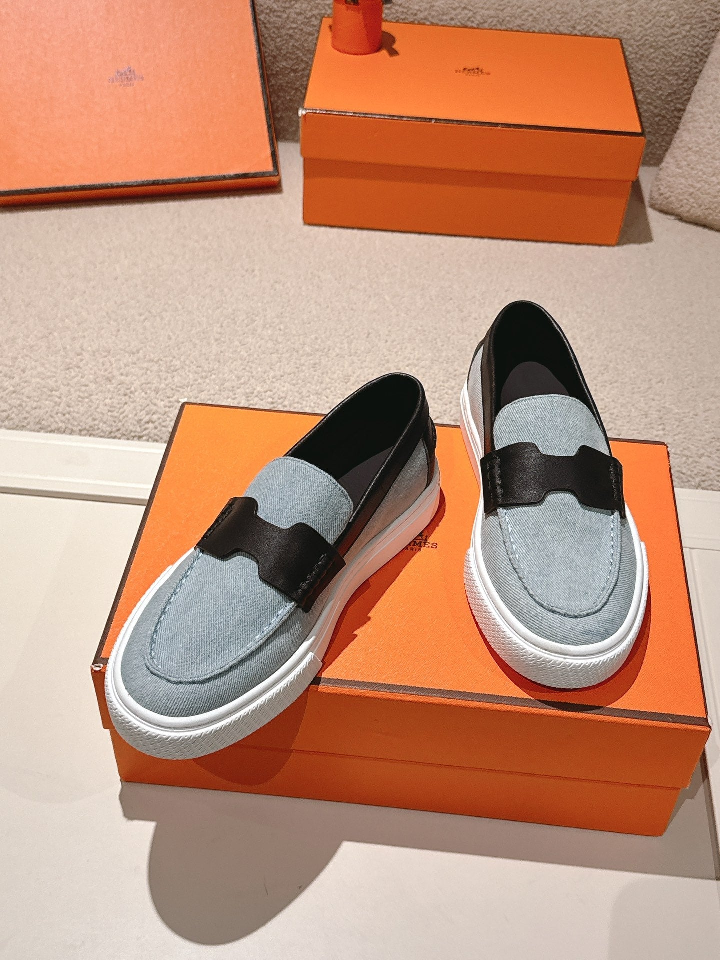 HM 25ss Platform Loafers Light Blue Black Denim Sheepskin 577168