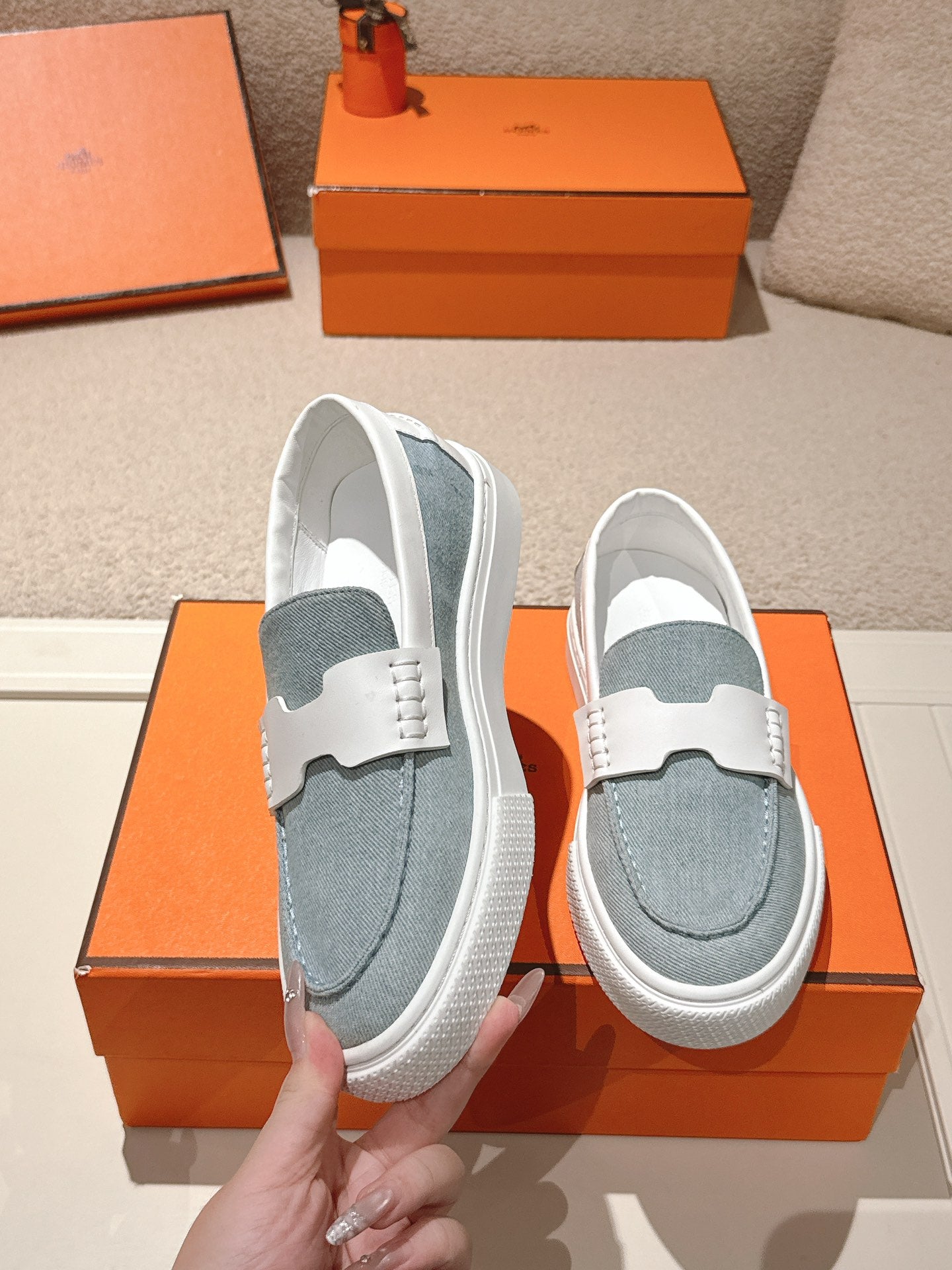 HM 25ss Platform Loafers Light Blue White Denim Sheepskin 577169