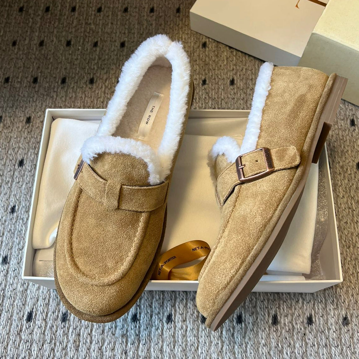 The Row 2025 Shearling Loafer Tan White Suede Wool 561603