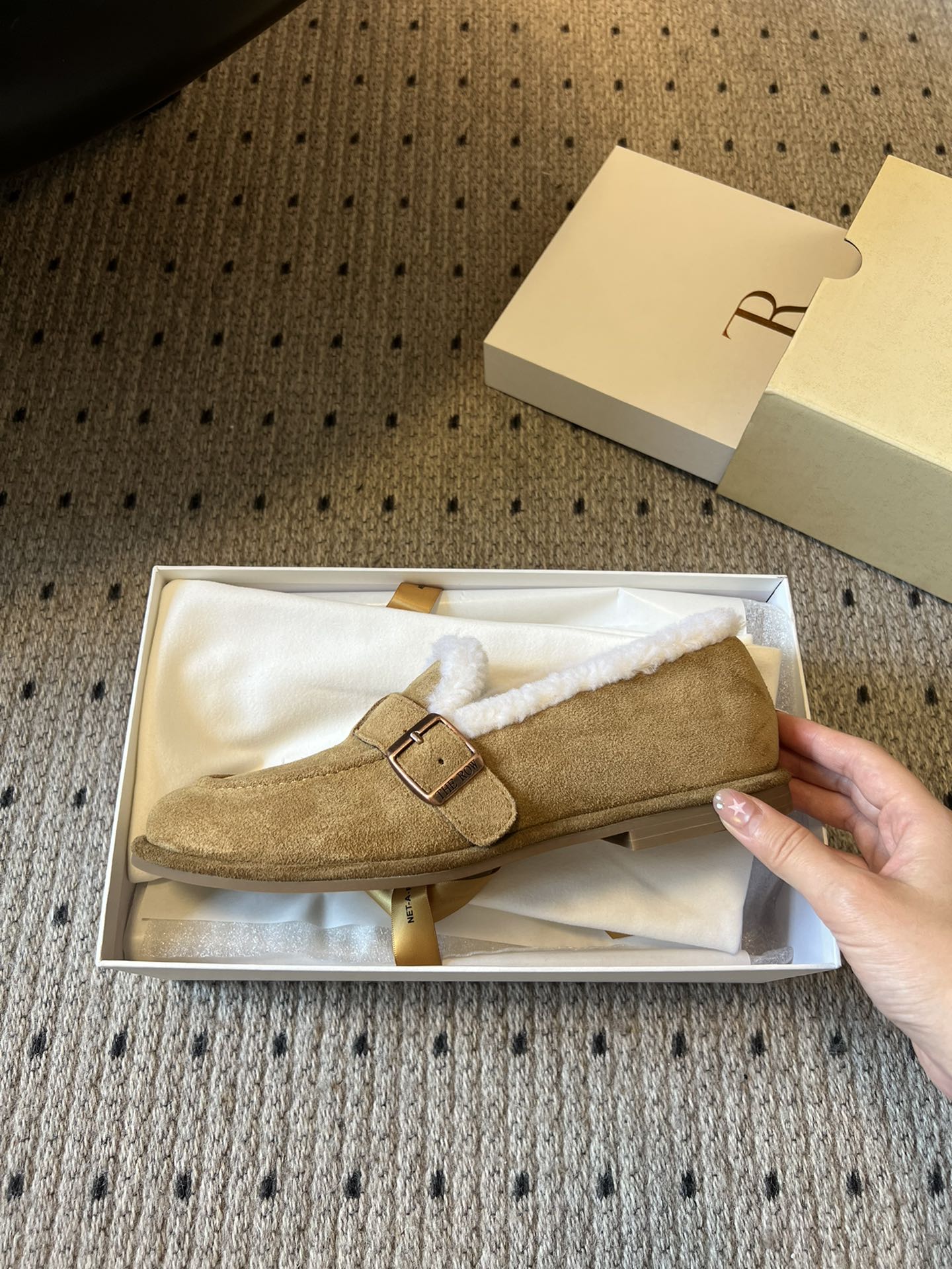 The Row 2025 Shearling Loafer Tan White Suede Wool 561603