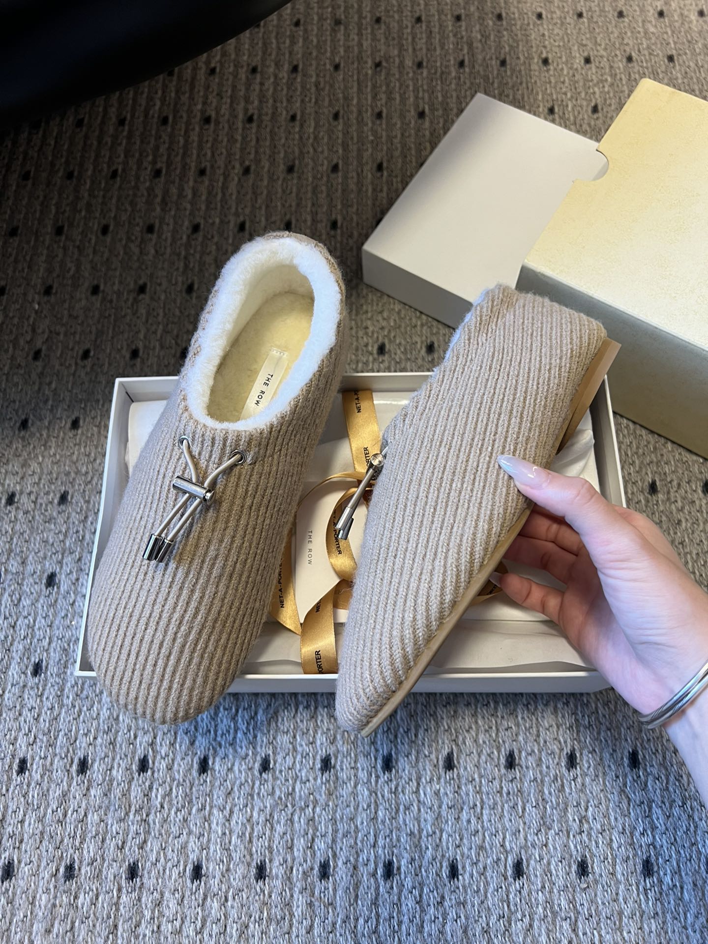 The Row 2025 Striped Furry Slipper Beige White Wool 561638