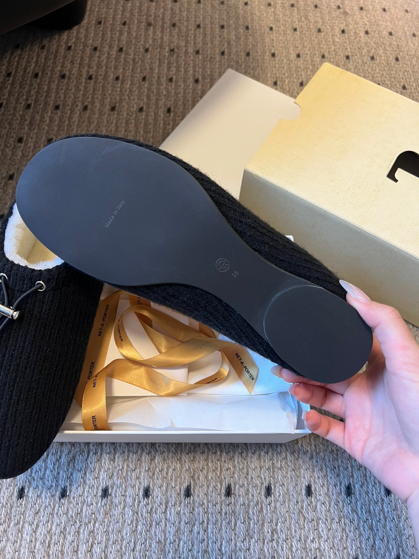 The Row 2025 Striped Furry Slipper Black White Wool 561636