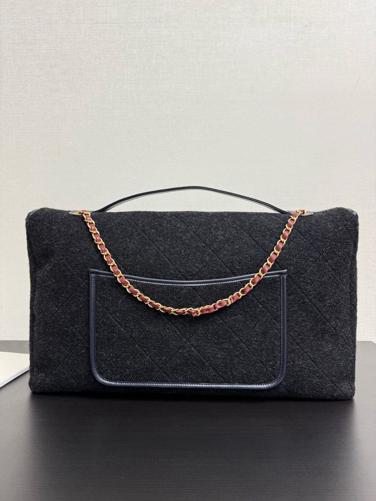 Chanel 2025 Maxi Flap Bag With Top Handle 56cm Black Wool Leather