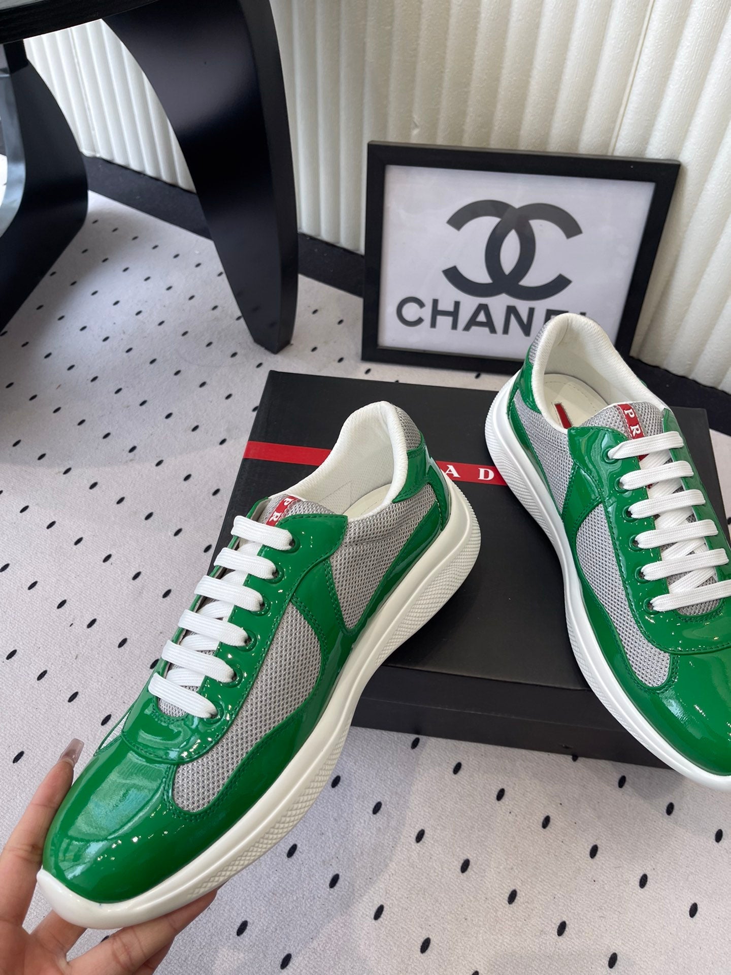 Pra 2025 Sneaker Green mix Gray Patent Leather Mesh 554582