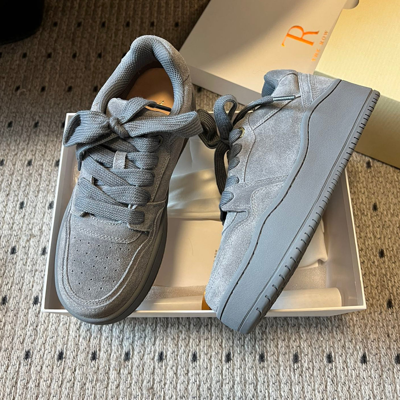 The Row 2025 Smiley Face Sneaker Gray Suede 561650