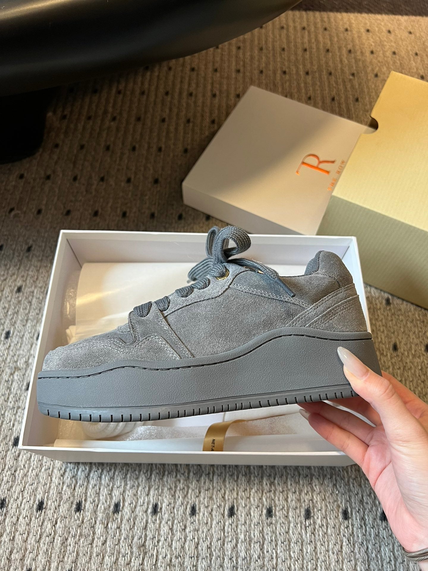 The Row 2025 Smiley Face Sneaker Gray Suede 561650
