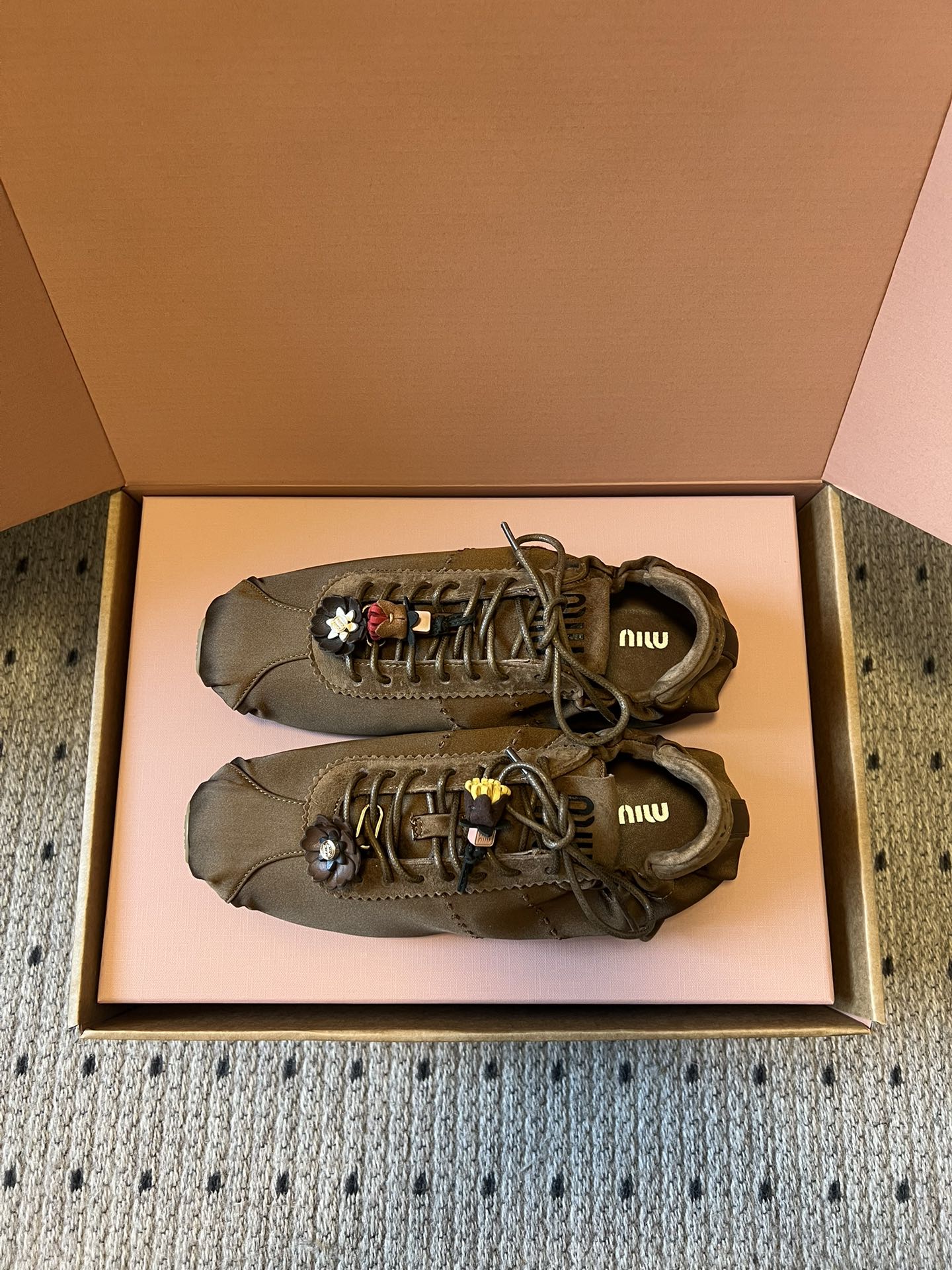 Miu Miu 2026  Plume Sneaker With Floral Charm Brown Satin 621344