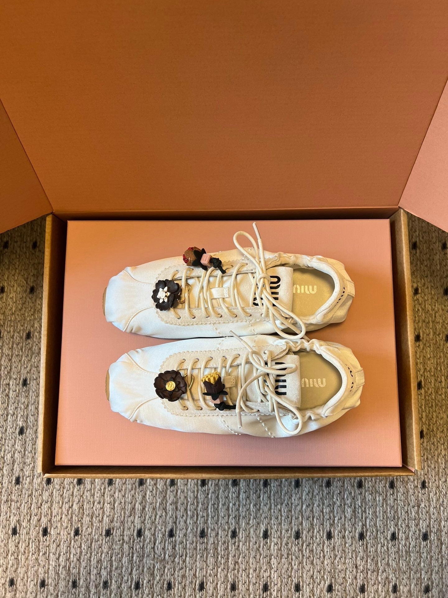 Miu Miu 2026  Plume Sneaker With Floral Charm White Satin 621346