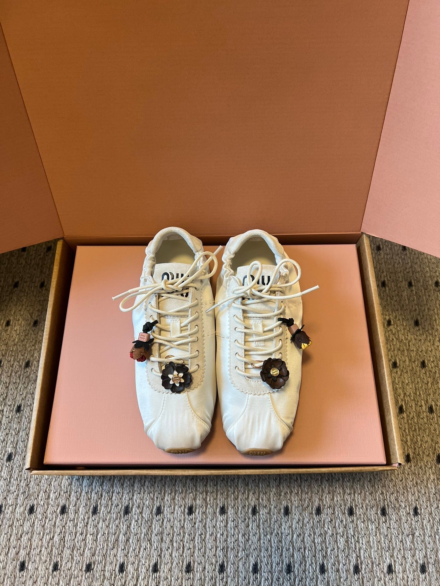 Miu Miu 2026  Plume Sneaker With Floral Charm White Satin 621346