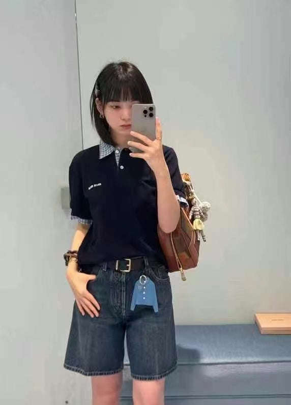 Miu Layered-Effect Cotton Polo Blue Shirt