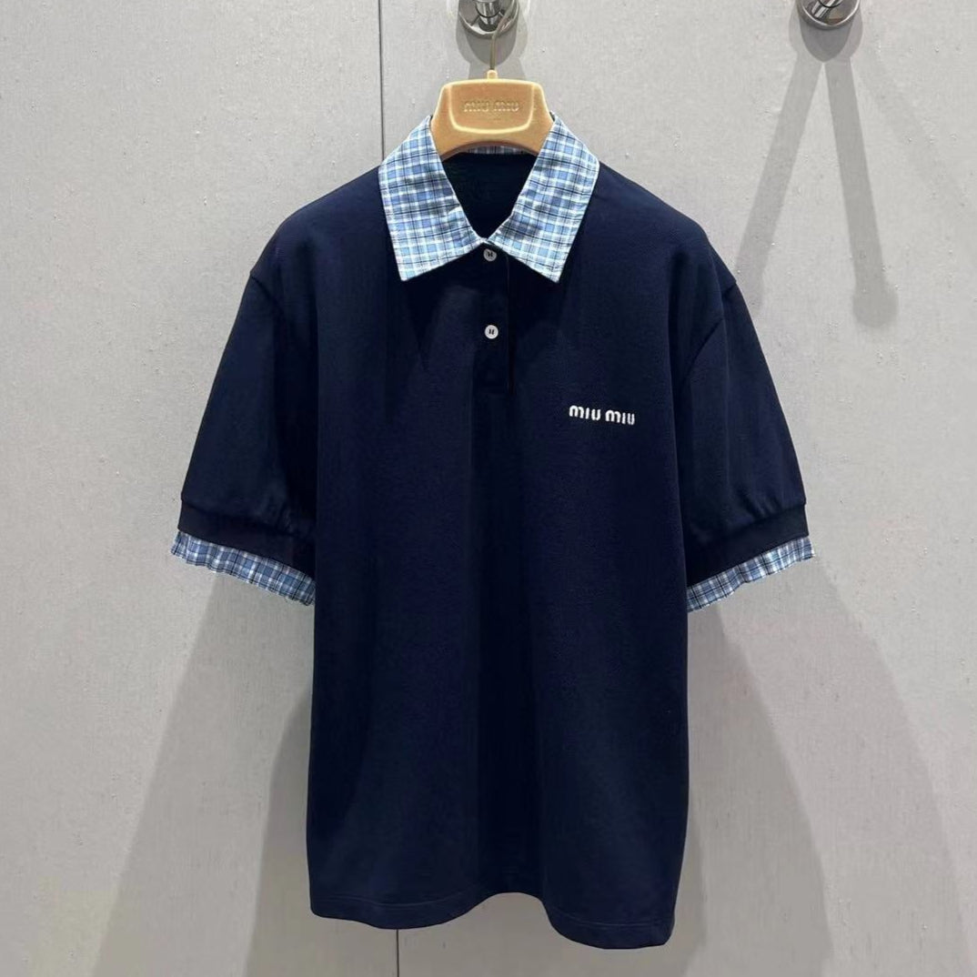 Miu Layered-Effect Cotton Polo Blue Shirt