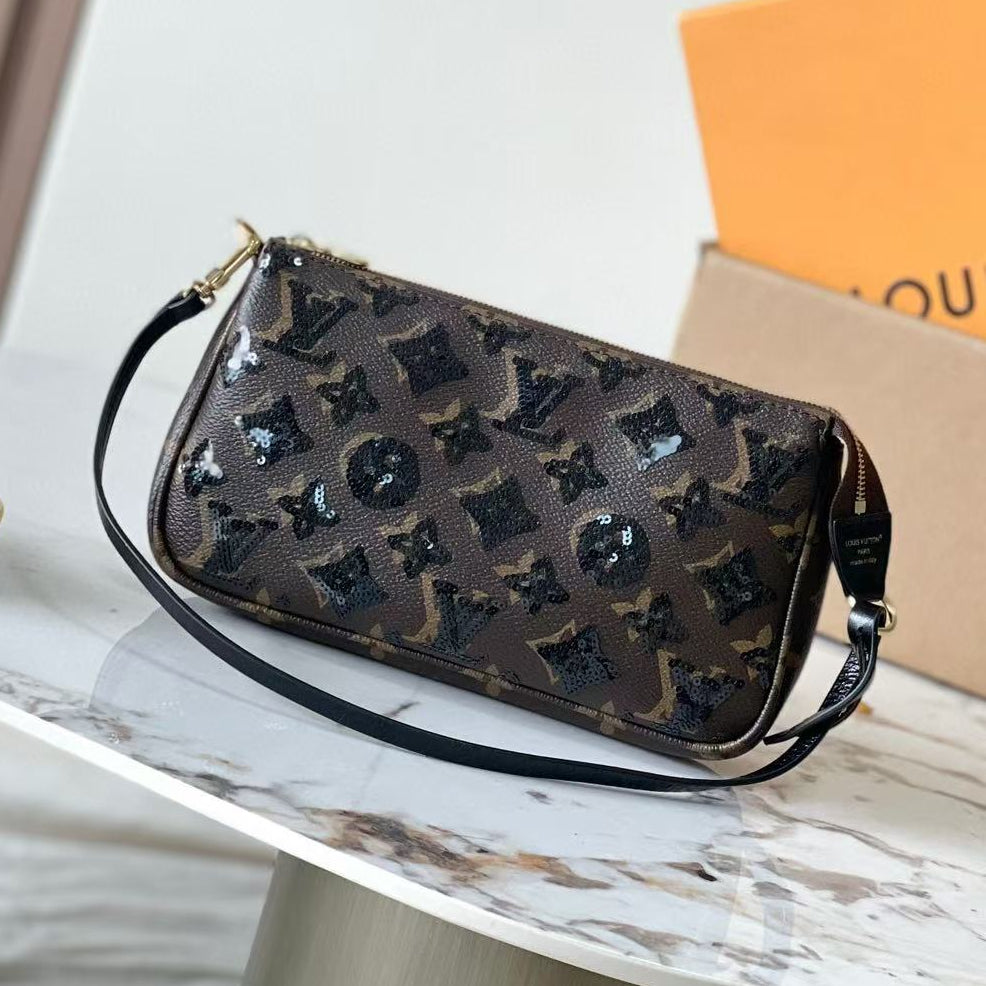 LV Pochette Accessoires Bag Black Brown Canvas With Sequin Embellishments