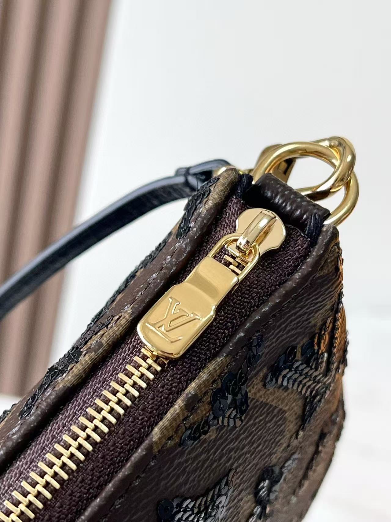 LV Pochette Accessoires Bag Black Brown Canvas With Sequin Embellishments