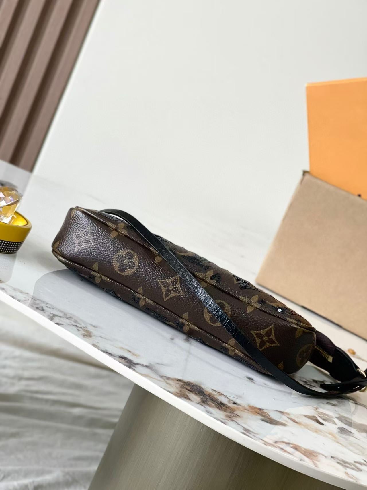 LV Pochette Accessoires Bag Black Brown Canvas With Sequin Embellishments