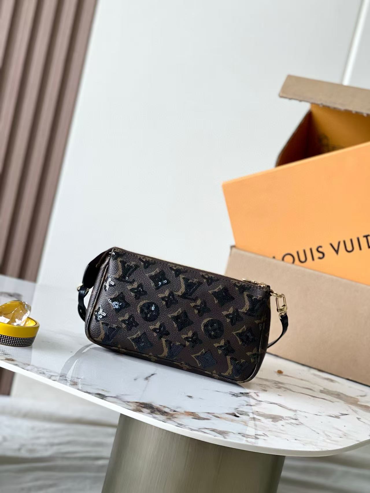 LV Pochette Accessoires Bag Black Brown Canvas With Sequin Embellishments