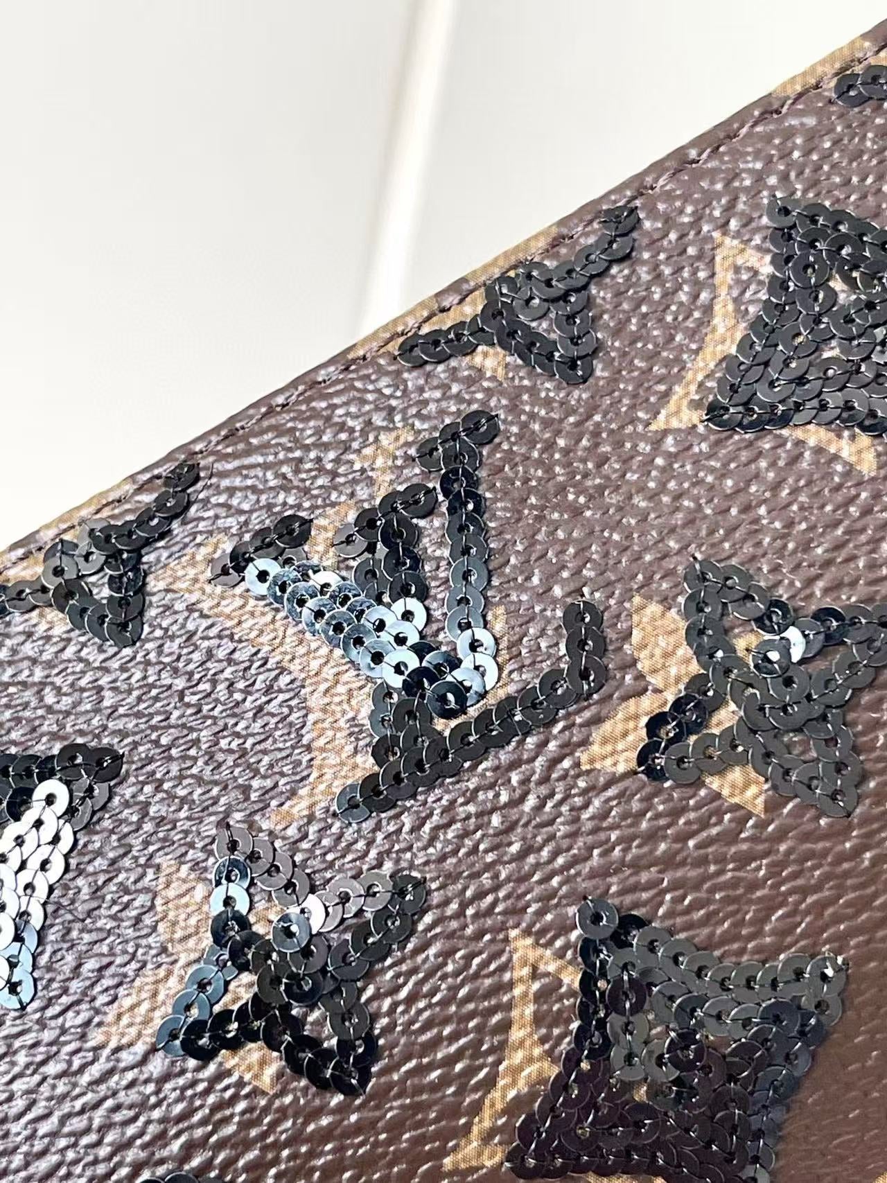 LV Pochette Accessoires Bag Black Brown Canvas With Sequin Embellishments