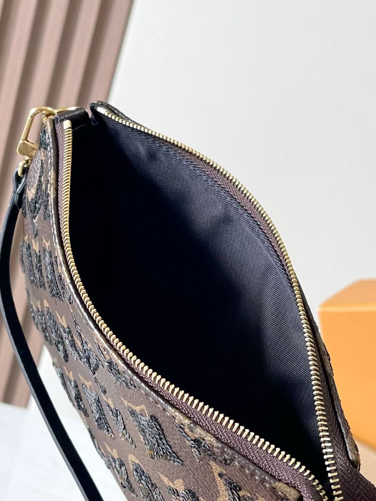 LV Pochette Accessoires Bag Black Brown Canvas With Sequin Embellishments